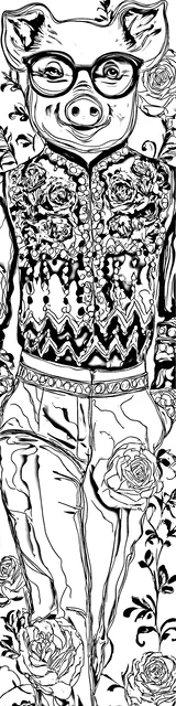 Free colorable bookmarks of a pig wearing a fancy sweater